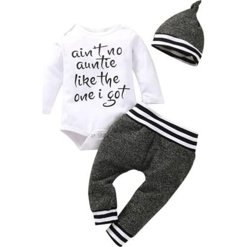 Pudcoco 0-18M 3Pcs Tracksuit Long Sleeve Letter Print Casual O-Neck Bodysuit Tops+Striped Pants Trousers+Hat Outfit Clothes Sets