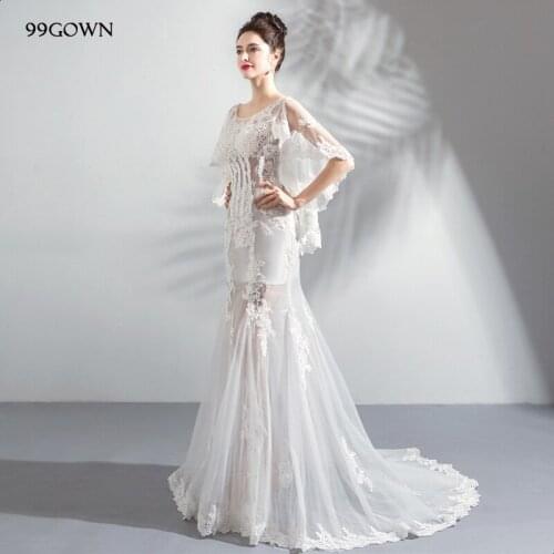 99GOWN Tulle Simple Wedding Dress 2019 Satin Batwing Sleeve Luxury Embroidery Bridal Dress Sexy Mermaid Wedding Gown