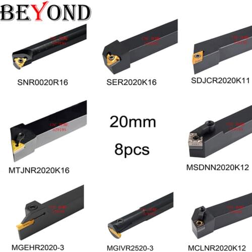 BEYOND 20mm 8pcs Lathe Tools Set SNR SER SDJCR MGEHR MGIVR 2020 Set Turning Tool Holder Carbide Inserts lathe arbor cnc