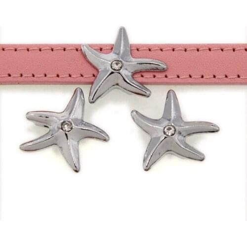 10mm Crystal Starfish Slide Charms Flat Hole Metal Beads Keeper Fit 10mm Stainless Steel Mesh Bracelets DIY Jewelry Making