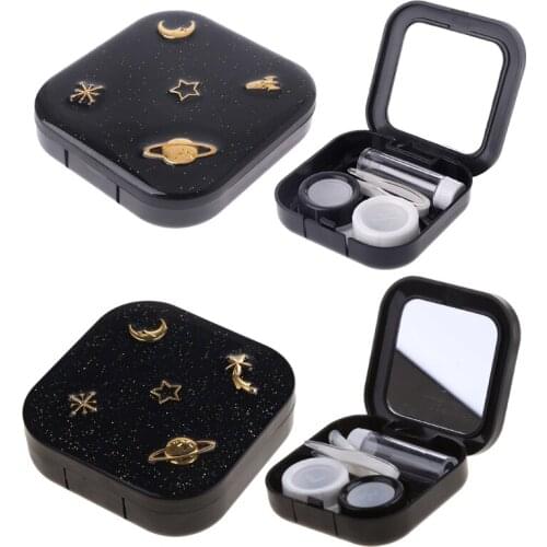 Stars Moon Contact Lens Case For Women With Mirror Kit Holder Portable Contact Lenses Box Black