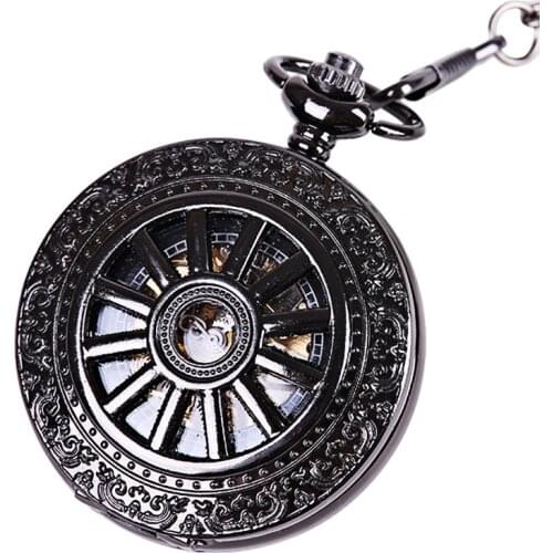 Retro trend black wheel perspective pattern open white digital pocket watch with chain mens and womens accessories
