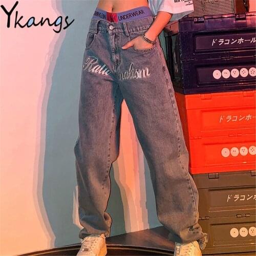 Letter Embroidery Baggy Wide Leg Jeans Hip Hop High Street Women Long Denim Pants Harajuku Streetwear Fashion Straight Trousers