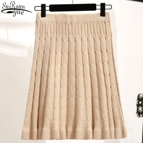 Elastic Waist Knitted Mini Skirts Women Autumn Fashon 2021 Korean High Waist A-Line Pleated Skirt Solid Casual Loose Skirt 10370