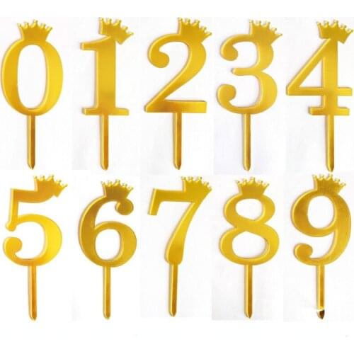 Gold Crown Number Birthday Cake Decoration Digital Acrylic Cupcake Toppers Birthday Anniversary Number Cake Decorating Supplies