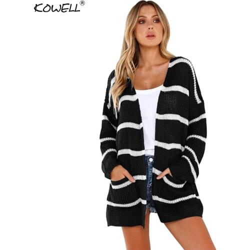 Hot Sale Black Striped Cotton Loose Casual Sweater Women Knitting Long Cardigan Female Autumn Winter Plus Size Jumper Outerwear