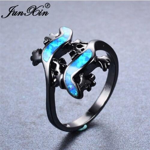 JUNXIN Double Lizard Design Blue Fire Opal Wedding Rings For Women Men Fashion Vintage Black Gold Filled Animal Ring Bague Femme
