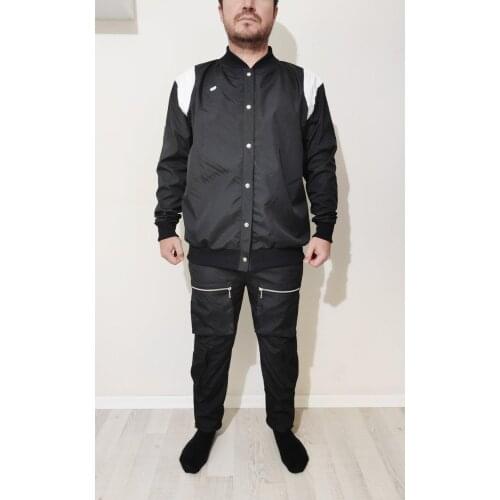 2 Pcs SET / Black Men Fashion Detachable Cargo Waistcoat -Military Jacket And Fitted Elastic Waist Buckle Hip Hop