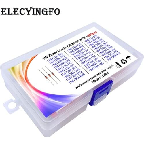 30 values x20pcs 600pcs 1W Crystal Bidirectional Glass Zener Diode box kit 1N4727 (3V0) - 4756A (47V)