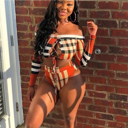 High Waist Swimsuit Long Sleeved Top and Thong Bikini 2 Piece Set Sexy Hollow Out Surfwear Sun Protection Plaid Swimwear Womens