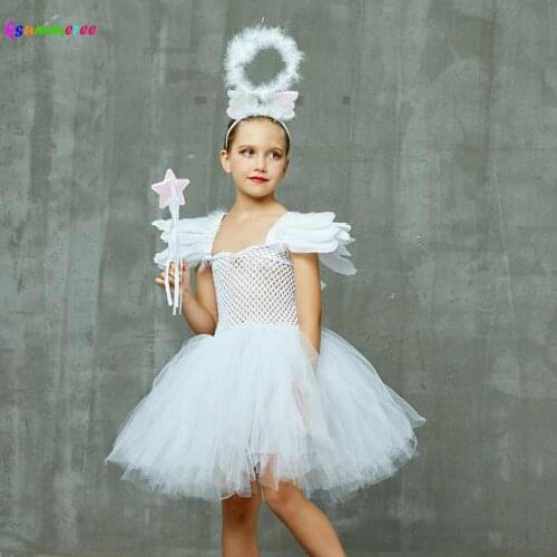 Kids Heaven Sent Angel White Halloween Fancy Dress Up Girl Fairy Christmas Costume Girls Wings Tutu Dress with Halo and Wand