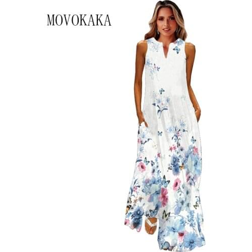 MOVOKAKA Fashion Blue Floral Print Dress 2021 Casual Plus Size Long Dresses Summer Woman Sleeveless Girls Beach Maxi Dress Women