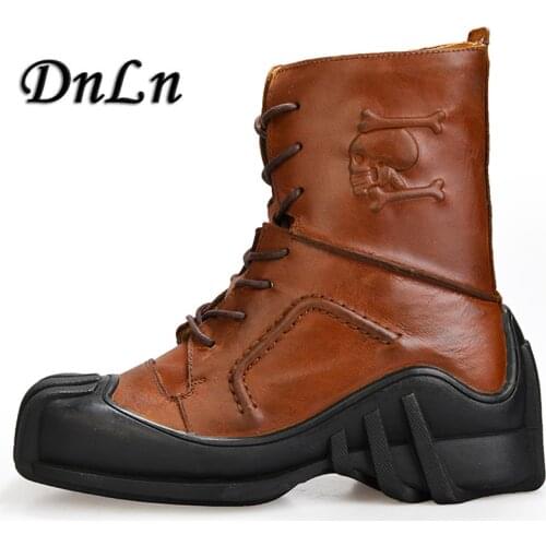 Mens Skull Boots Genuine Leather Military Boots Plus Size Winter Boots For Men 15#26e50