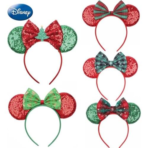 Disney New Christmas Mikey Mouse Ears Headband Festival Plaid Sequins Bows Hairband Girls Hair Accessories For Women DIY Party
