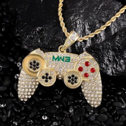 Hip Hop Iced Out Game Controller Handle Pendant Necklace for Women Men Gold Colour Crystal Rhinestone Jewelry chain Necklaces