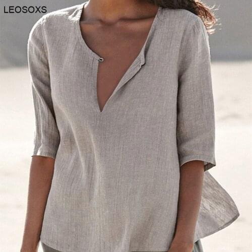 Plus Size Shirt 2021 Womens Summer New Solid Color Cotton And Linen V-neck Blouse Casual Loose Women Clothing