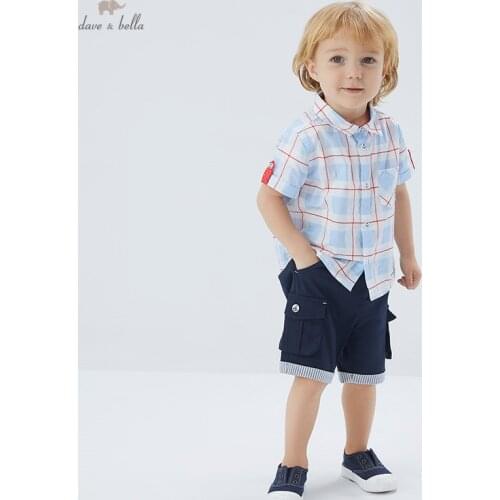 DBX16680 dave bella summer fashion baby boys plaid print pockets shirts infant toddler tops children high quality clothes