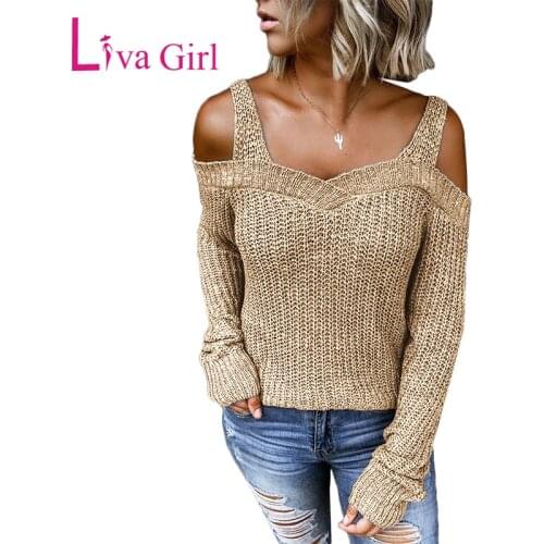 LIVA GIRL Sexy Cold Shoulder Long Sleeve Sweater Women Autumn Winter Warm Solid Casual Pullover Sweaters Female Knitted Tops XL