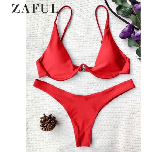 ZAFUL Sexy Plunging Neck Thong Bikinis Set Underwired Plunge Bathing Suit Spaghetti Straps Padded Female Swimsuits High Cut Suit