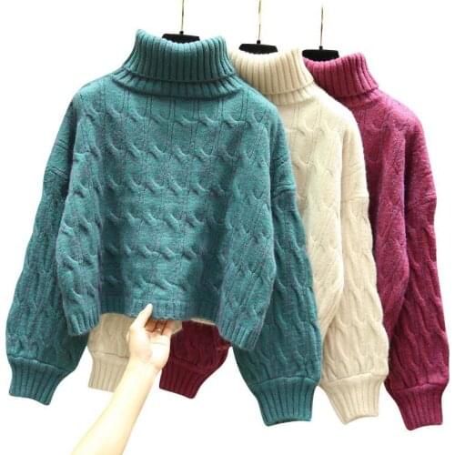 Turtleneck Sweaters Short Women Thick Knit Sweater Autumn Winter Long-sleeve Pullover Casual Loose Warm Twist Sweater Female