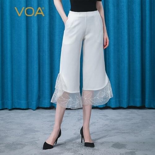 VOA Silk Heavyweight White Invisible Side Pull Plug Bag Bump Material Stitching Decorative Wide Leg Pants for Woman KE391