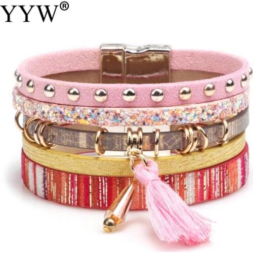 YYW Bohemian Brazilian PU Leather Long Tassel Rivet Bracelets For Women Gift Magnet Buckle Bracelet Bangles Multilayer Wristband