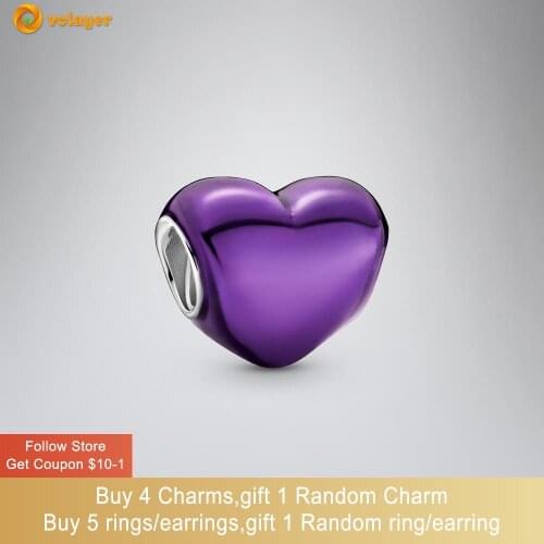 Volayer 925 Sterling Silver Metallic Purple Heart Charm fit Original Pandora Bracelets for Women Jewelry Making Gift