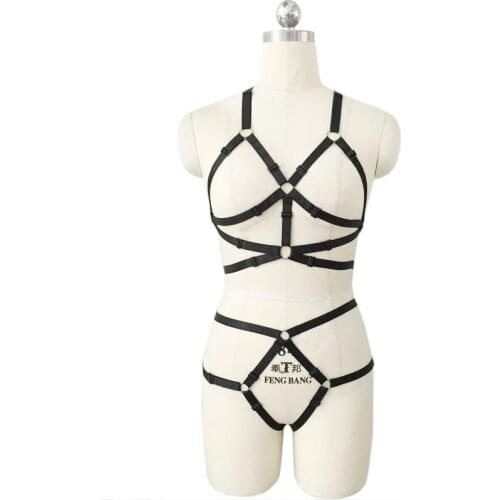Womens Sexy Body Harness Set Harajuku Goth Cage Bra And Thigh Garters Cosplay Lingerie Bondage Belt Pole Dance Underwear N0079