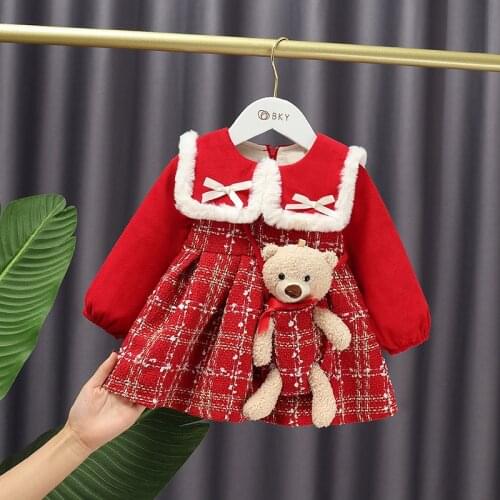 2021 Winter Red Thicken Children Clothes For Baby Girls Sweet New Years Dress Kids Bear Cotton cloth Dress Girls Outwear MB3