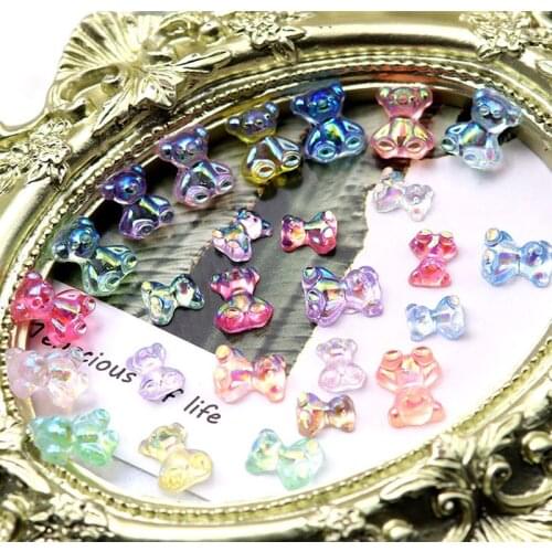 100Pcs/Lot Aurora Little Resin Bear For Nail Art Accessories Pink AB Jewelry Colorful Bear 3D DIY Nails Art UV Gel Manicure Deco