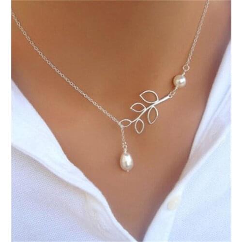 32a38 Han Zhishang European and American Fashion Cool Leaves Artificial Pearl Drop Cross Clavicle Chain Female