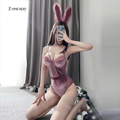 Bodysuit women sexy lingerie lace steel cotton pad suspender velvet role play Bunny girl open crotch uniform seductive suit