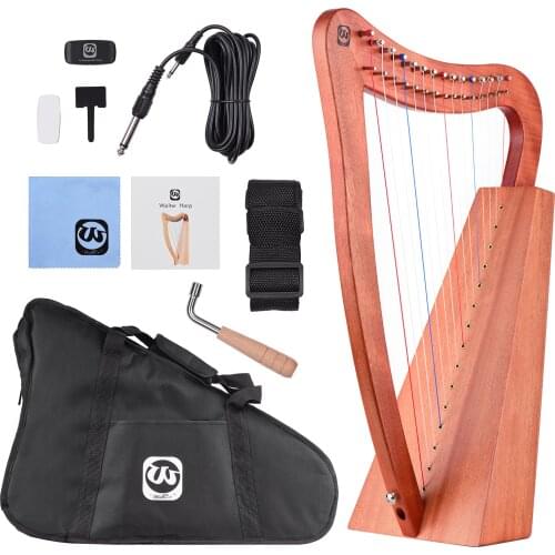 Walter.t 15-String Lyre Harp Wooden String Instrument with Carry Bag Strap Cleaning Cloth Tuning Wrench Pickup for Beginners