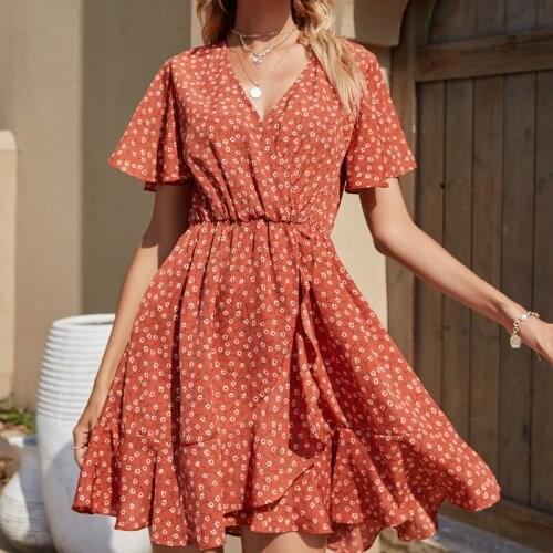 Foridol Flower Print Boho Dress Women Casual Ruffled Short Beach Summer Dress Vintage V Neck Mini Floral Dress 2021