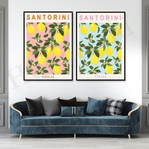 Santorini Art Print, Santorini Lemons Print, Greece Travel Poster, Botanical Illustration, Kitchen, Dining Room, Gallery Wall