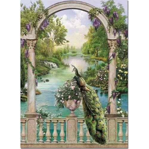 Mural peacocks lake landscape 5d diy Diamond painting full square round picture diamond Embroidery sale Garden home decorZP-1395
