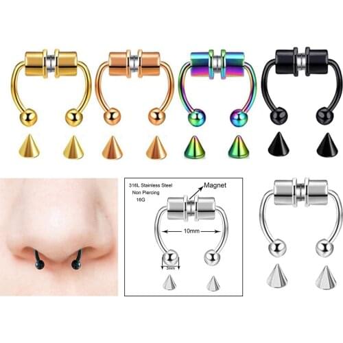 Stainless Metal Magnetic Faux Imitate Nose Ring Horseshoes Non Piercing, Ball size 3mm, replacement spikes size 3mm
