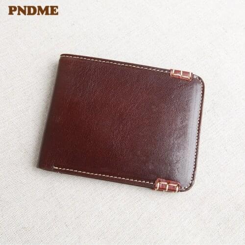 PNDME vintage hand-sewn genuine leather mens small wallet simple natural first layer cowhide short ID card holder youth purse