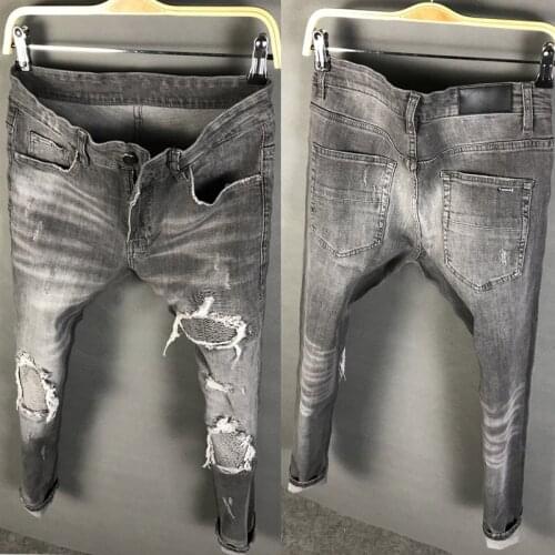 American Street Style Fashion Men Jeans Retro Gray Elastic Slim Fit Ripped Jeans Men Patches Designer Hip Hop Denim Punk Pants