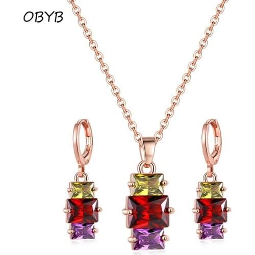 OBYB Fashion Crystal Jewelry Seting For Women Luxury Elegant Pendant Necklace & Earrings Cubic Zirconia Statement Earrings Sets