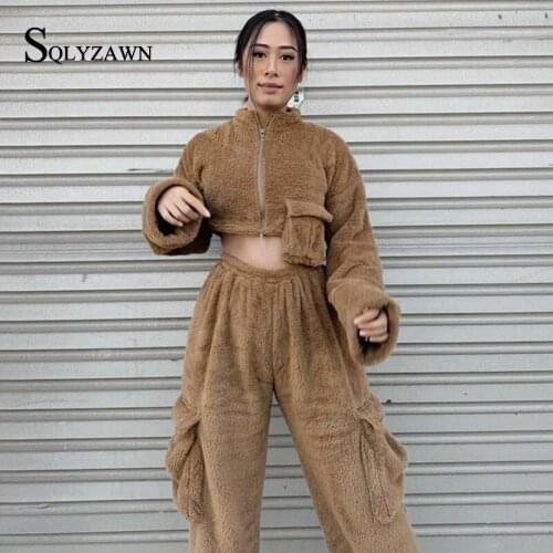 Fleece Fashion Soft Two Piece Suit 2020 Autumn Winter Long Sleeve Zip Short Tops Multi Pockets Pants Faux Fur Two Piece Outfits