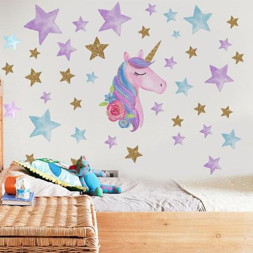Cartoon Rainbow Unicorn Wall Stickers For Kids Room Self Adhesive Wallpaper Children Bedroom Home Decor Nursery Decorative Decal