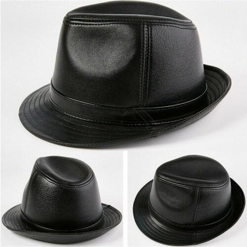 Mens Classic Trilby Hat Genuine Leather Fedora Cap Vintage Brown Winter New British Sheepskin Top Hat Fashion Gentlemens Hat