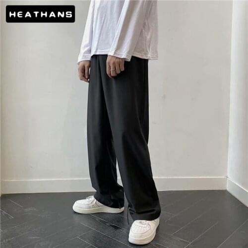 Mens Wide Leg Pants Mens Loose Summer Thin Casual Solid Color Trousers For Male Straight Trousers Drape Chiffon Button Trousers