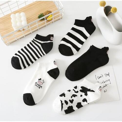 5 Pairs/New Women Cotton Socks Ladies Breathable Sweat Absorbing Shallow Short Socks Girl’s Cute Wow Striped Cartoon Funny Socks