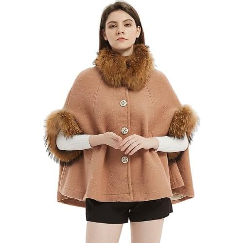 Maomaokong New Womens cape Poncho Autumn coat Jacket Natural real Raccoon Fur collar Shawl windbreaker clothing winter 2021
