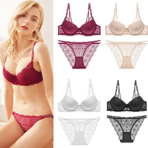 Sexy Lace Bow Underwear Deep V Gather Push Up Bra And Panties Set Upper Thin Under Thick Comfortable Breathable Female Lingerie