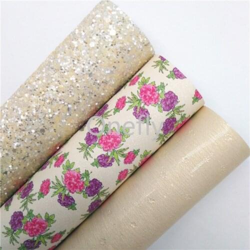 Onefly 21X29CM Beige Glitter Fabric, Flowers Printed Synthetic Leather Fabric Sheets For Bow DIY handbags shoes BQ064