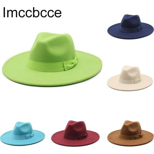 2021 Winter Autumn Fedora Hat Imitation Woolen Women Men Ladies Top Hat Jazz Cap With Bow Retro England Party Church Wedding Hat