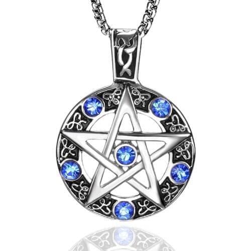 Pentagram Round Hollow Pendant Necklace Couple Mens Womens Necklace Blue Stone Inlaid Viking Rune Accessories Party Jewelry